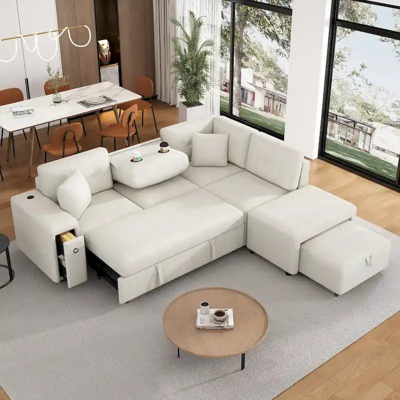 L-Shaped 4-Seat Sectional Sofa with Pull-Out Bed, Ottoman, USB Ports & Drop-Down Table