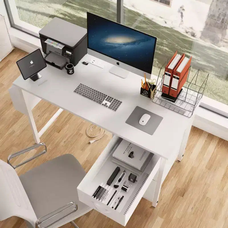 Modern Home Office Computer Desk with Drawers & Shelves, Writing Desk with Side Bag for Study & Office