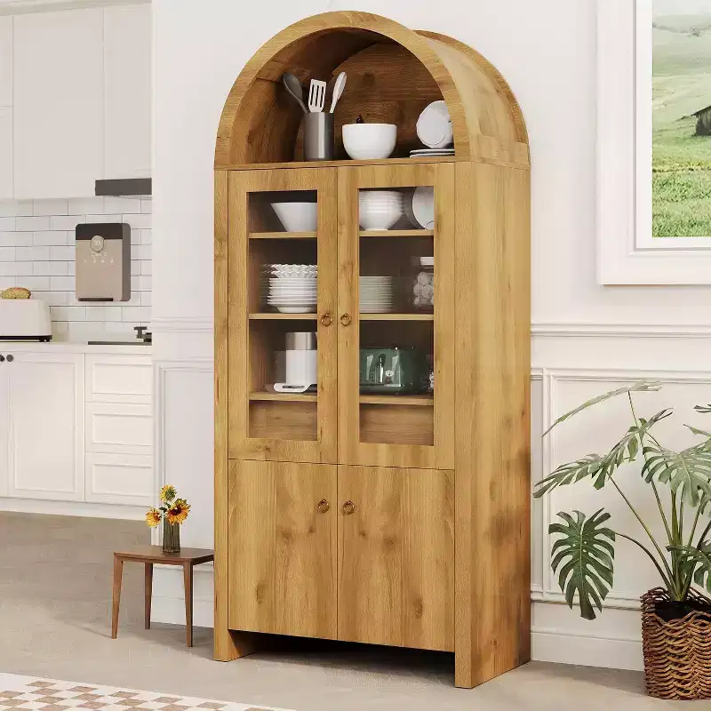 71in Tall Arched Pantry Cabinet, Farmhouse Kitchen Arched Bookcase Cupboard Storage Cabinets with a Hidden Drawer Adjustable Shelves, Natrual Oak
