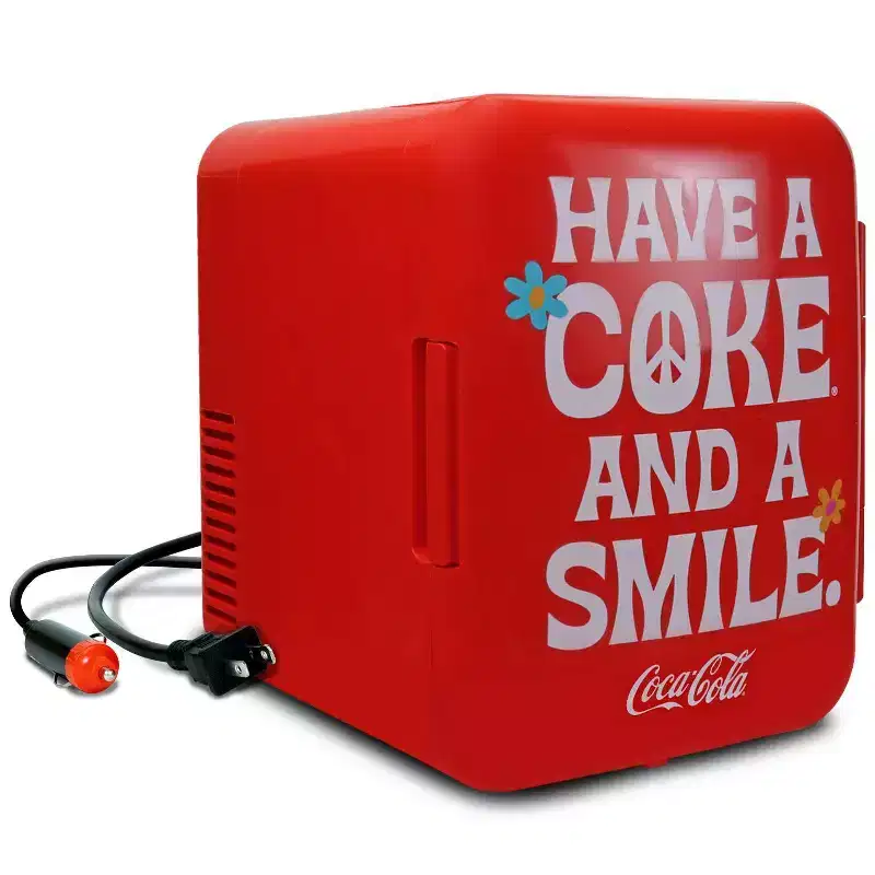 Coca-Cola Smile 1971 Series 4L Cooler/Warmer 12V DC 110V AC Mini Fridge: Dorm Beverage Refrigerator, 6 Can Capacity