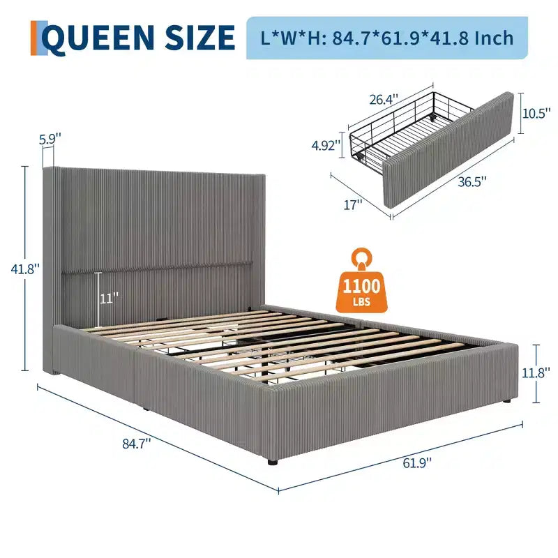 Soft Padded Platform Bed with Headboard, Wooden Slats for Support, 4 Drawers, no Spring Box, no Noise, Easy to Assemble, Extra-large Size, Grey