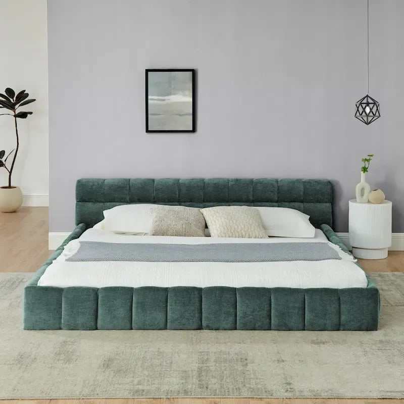 King Size Upholstered Bed Frame with Chenille Fabric, Sturdy Platform Bed Featuring Headboard and Solid Wood Frame