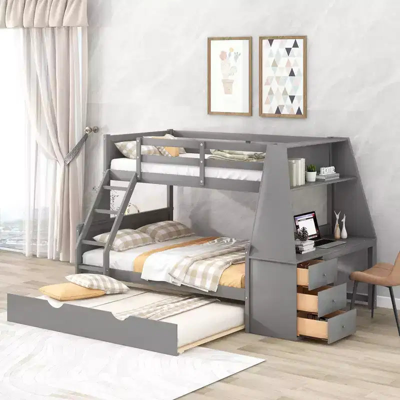 Twin over Full Bunk Bed with Trundle and Built-in Desk, Wooden Bunkbed Frame with Storage Drawers and Shelf for Kids Teens Bedroom