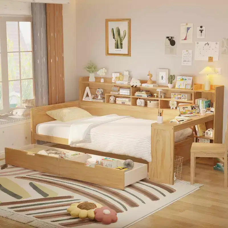 MAYEERTY Twin Size Bed with Storage Shelves Multifunctional Bed with Drawers and Study Desk Antique Natural