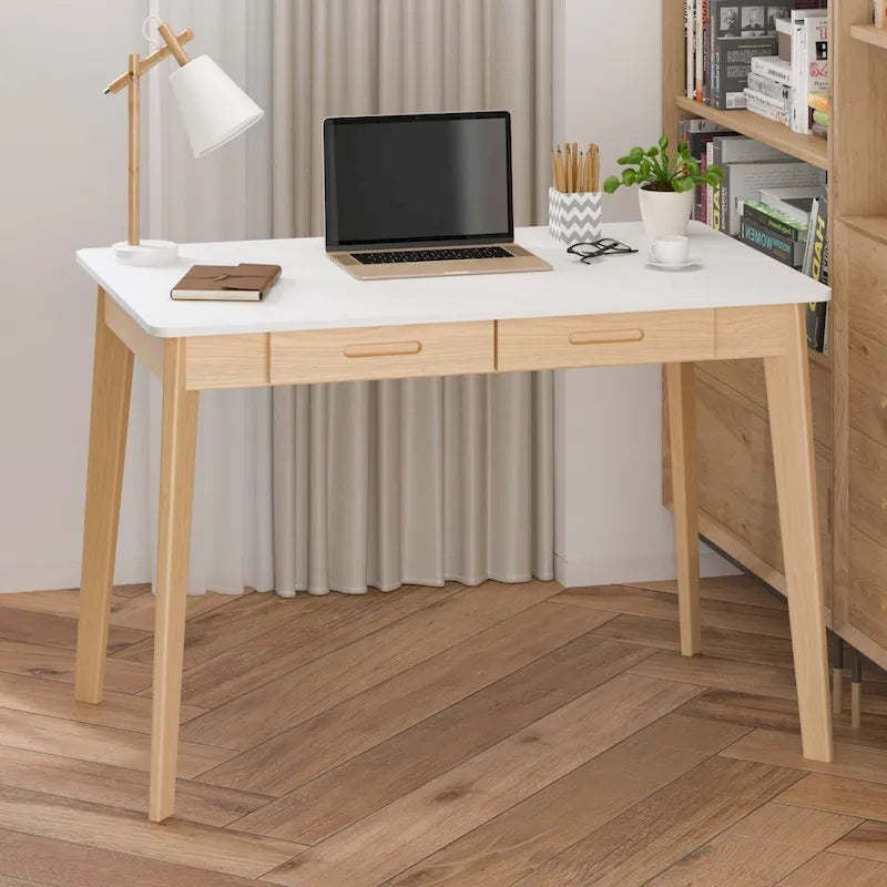 39.4 Inch Simple Writing Desk with Drawers and Solid Wood Legs