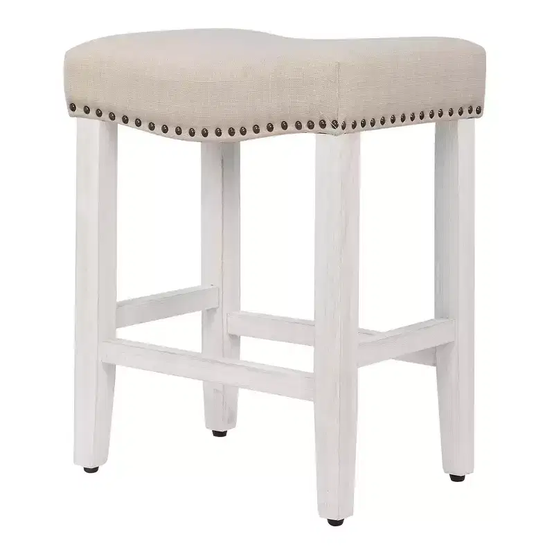 WestinTrends 24 Upholstered Saddle Seat Counter Stool (Set of 2), Antique White/Beige