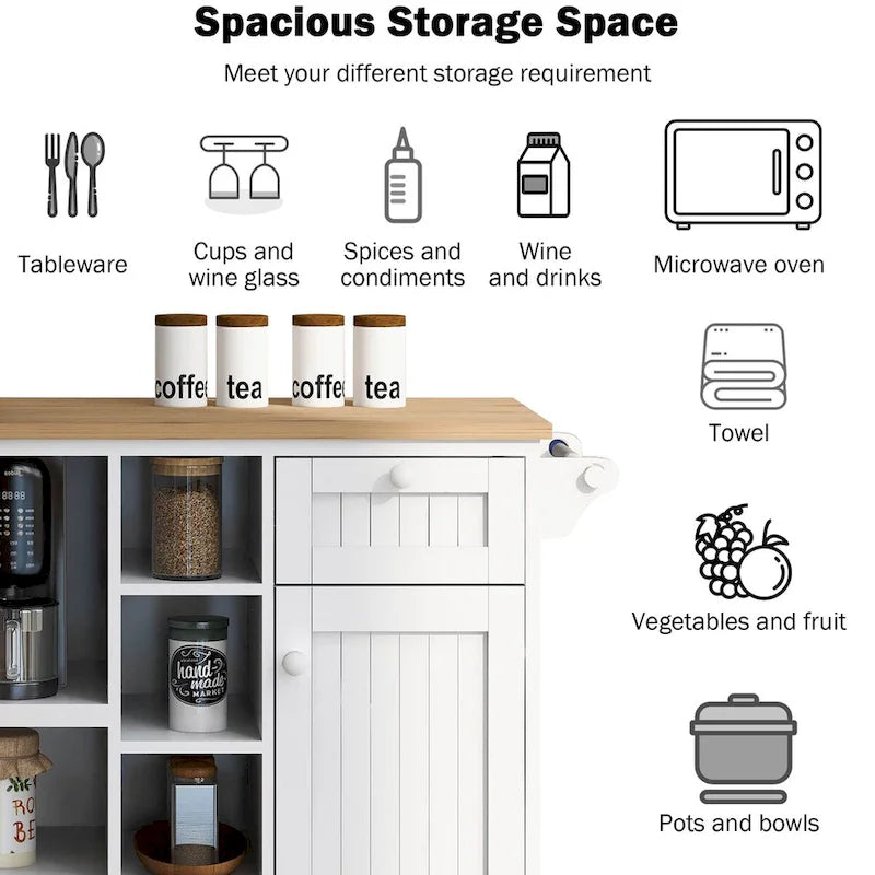 Rolling Kitchen Island Cart with Open Shelves Drawers Cabinet and Microwave Space