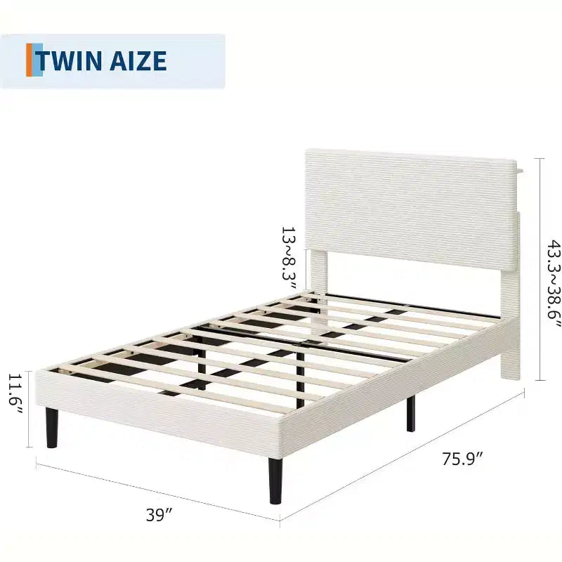 Acekool Corduroy Upholstered Bed Frame, USB Charging, Storage Headboard & Under-Bed Space for Bedroom