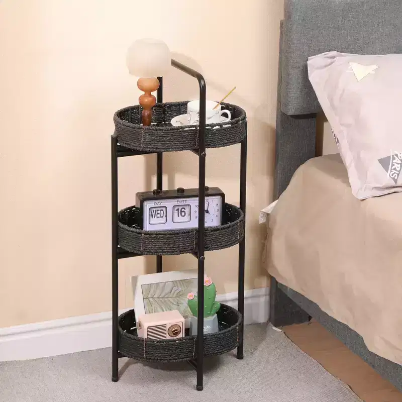 3 Tier Paper Rope Woven Tray Table Oval Storage Basket Shelves for Living Room Kitchen Black