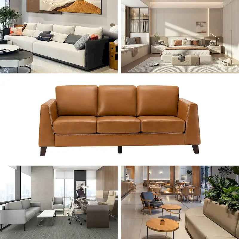 81.5 Inch Genuine Leather Tuxedo Arm Sofa with Solid Wood Legs