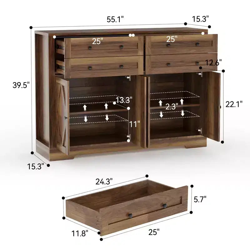 Modern Farmhouse Buffet Cabinet with Storage, Sideboard Storage Cabinet with 4 Doors & 4 Drawers Coffee Bar Brown