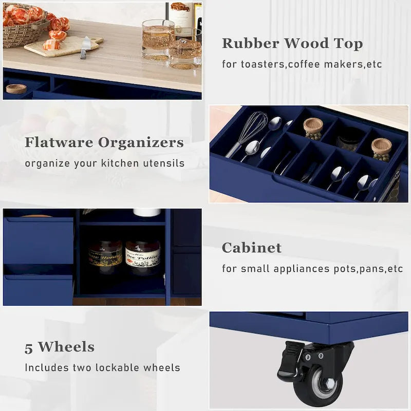 Rolling Kitchen Island Cart with 8 Handle-Free Drawers Rubberwood Top and Spice Rack