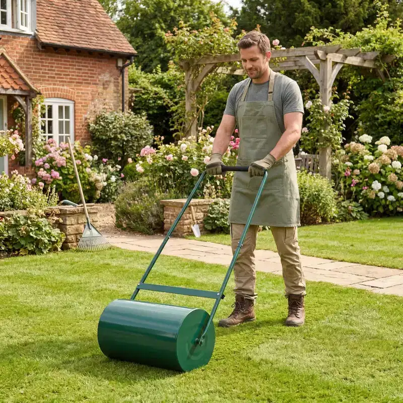 23 Inch Lawn Roller, 13 Gallon Capacity Water/Sand Fillable Sod Roller, Heavy Duty Steel Push & Tow Behind Yard Roller for Garden Grass Care
