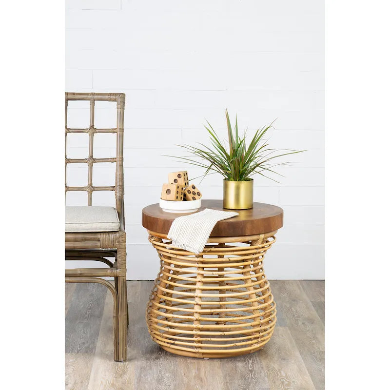 Rattan Cage Side Table With Solid Wood Top by