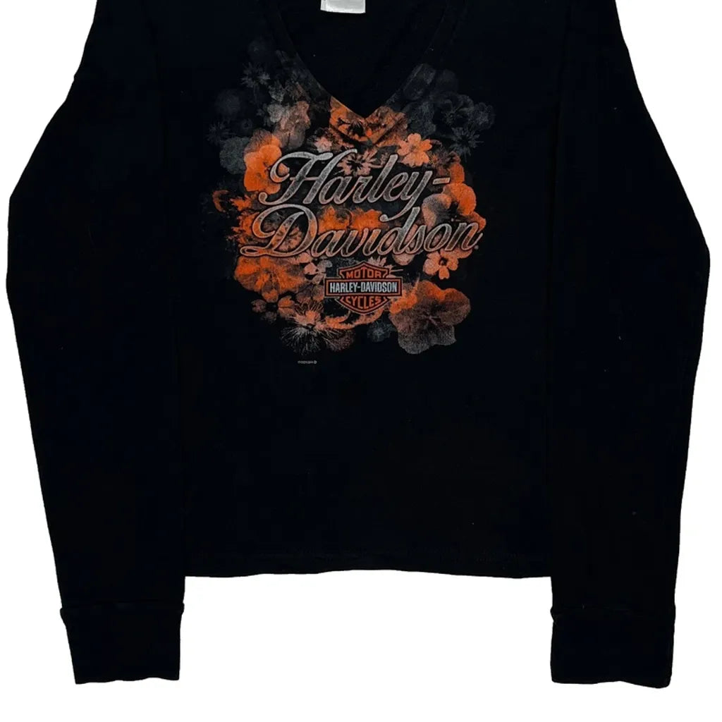Women's Black Graphic Long Sleeve V-Neck T-Shirt Regular Fit Cotton