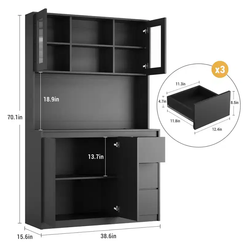 71 Tall Kitchen Pantry Cabinet, Kitchen Storage Hutch with Led Lights and Power Outlets Microwave Stand, Glass Door