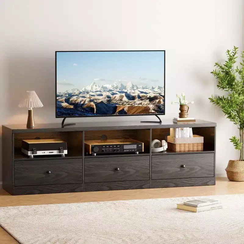 TV Stand for up to 80 TVs, Media Console with 3 Drawers and 3 Open Shelves, Black