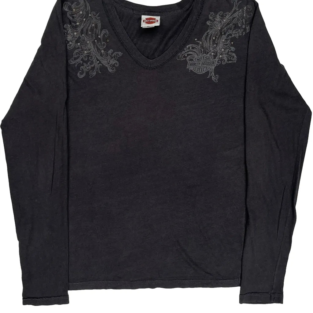 Graphic Long Sleeve T-Shirt XL Black Cotton Women's V-Neck Regular Fit