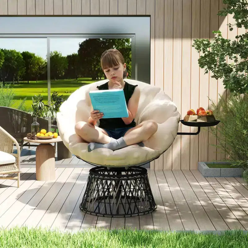 360 Degree Swivel Outdoor Papasan Chair, 39 Overstuffed Circle Chair with Side Tray, Thick Cushion for Indoor Patio