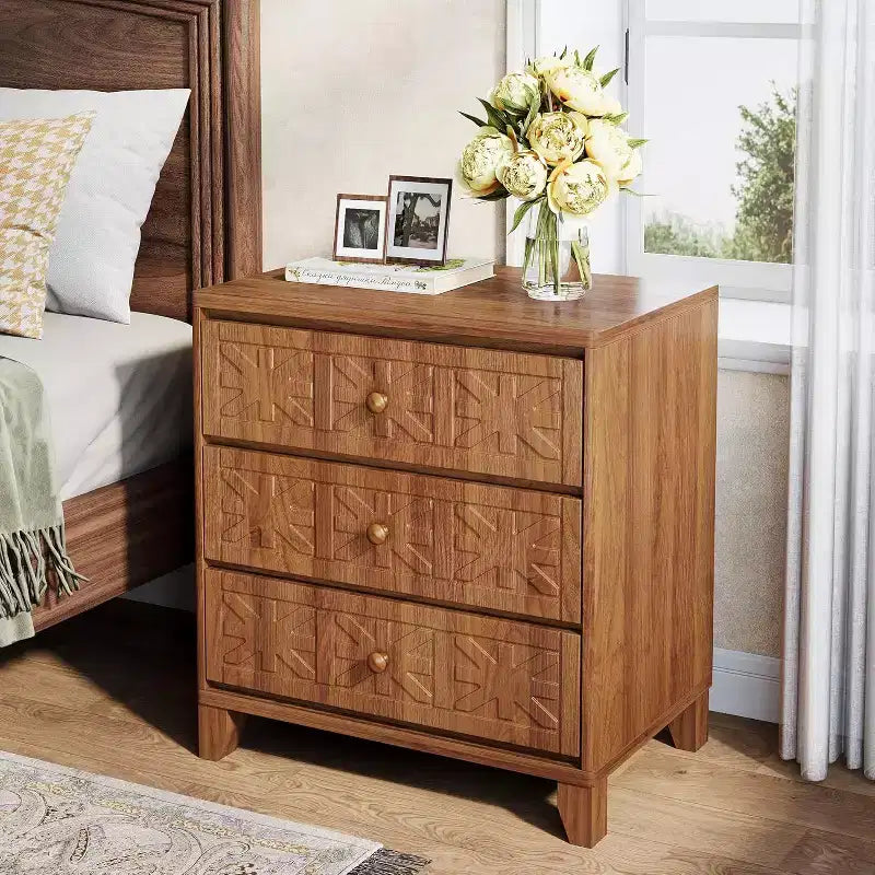 Farmhouse Nightstand with 3 Drawers - Industrial Bedside End Table, Brown