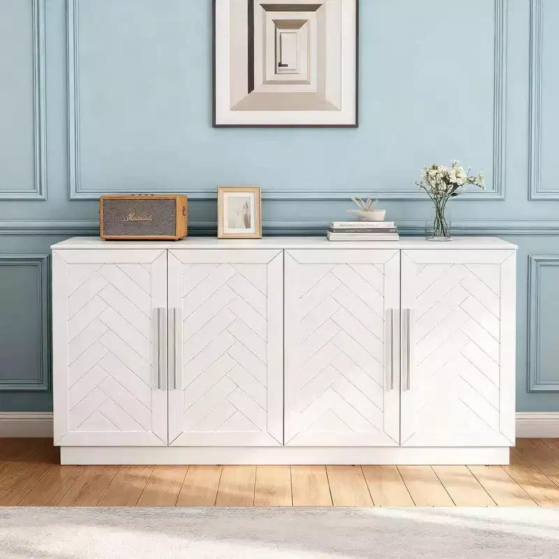 Sideboard Buffet Cabinet with Storage, Adjustable Shelves and Silver Handles for Dining Room, White