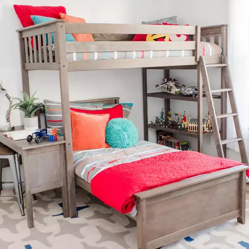 L-Shaped Twin over Twin Bunk Bed with Bookcase and Desk