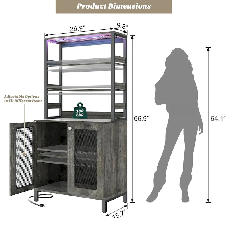 67-Inch Tall Wine Bar Cabinet with LED Lights, Glass Holder and Power Outlets