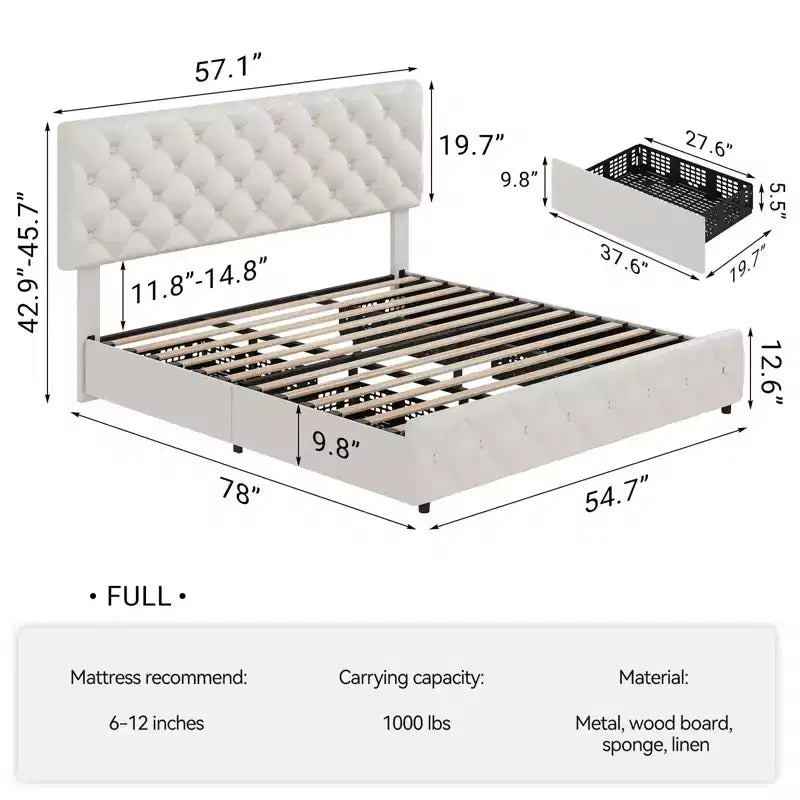 Full-size bed frame with 4 storage drawers, headboard, linen upholstery, diamond-stitched button tufting, no spring mattress required.