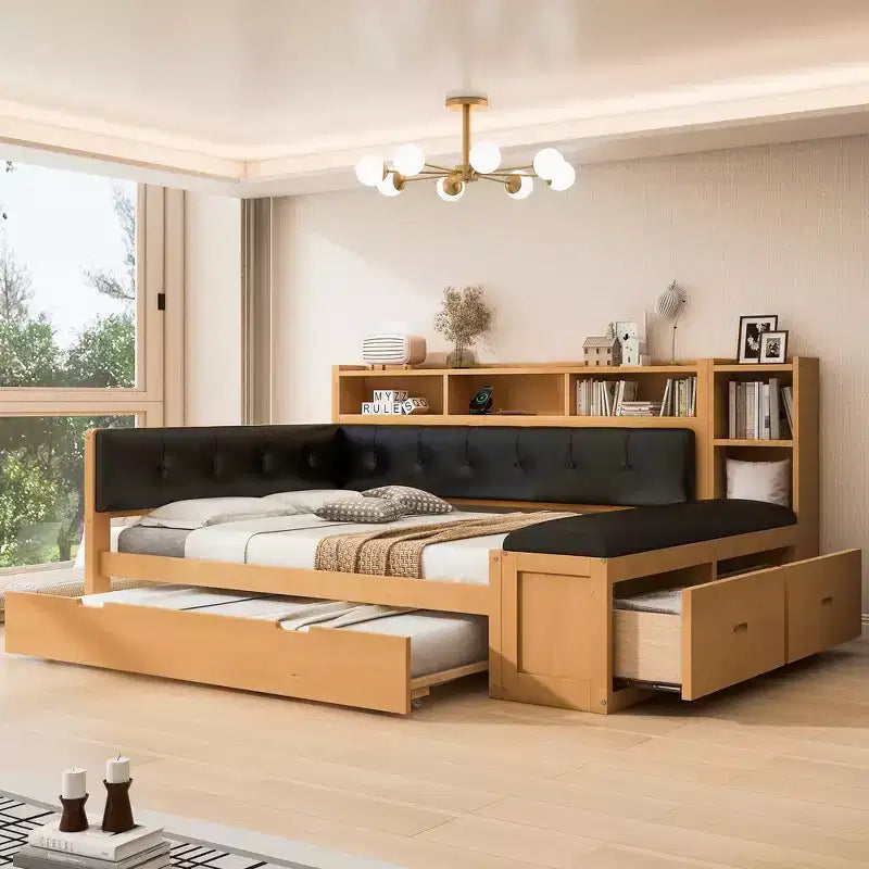Whisen Full Size Wood Daybed Frame with Trundle, Storage Shelves, Bench and Upholstered Headboard