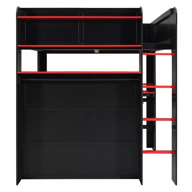 Luxystar Full Size Loft Bed With Lighted Adjustable Desk, Open Wardrobe and Bookcase