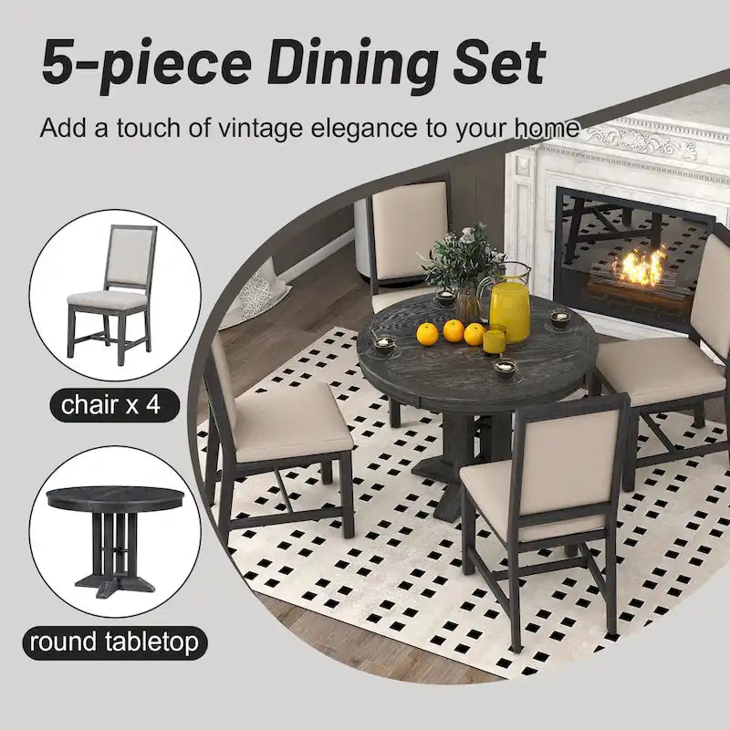 Black Wooden Dining Table with Extendable Round Table & 4 Chairs
