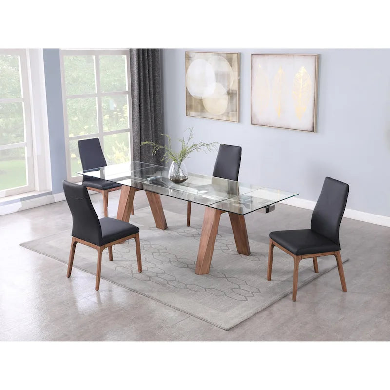 Extendable Glass-Top Dining Table with Solid Wood Legs