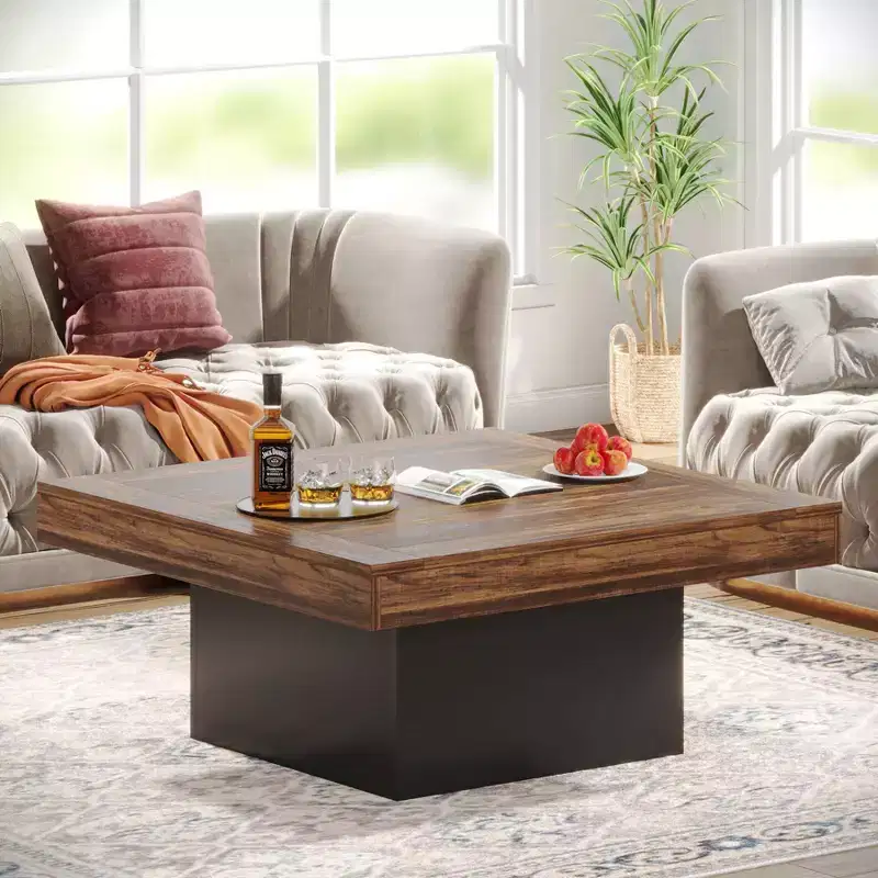 Square Farmhouse Wood Coffee Table with LED Lighting, Brown/Black