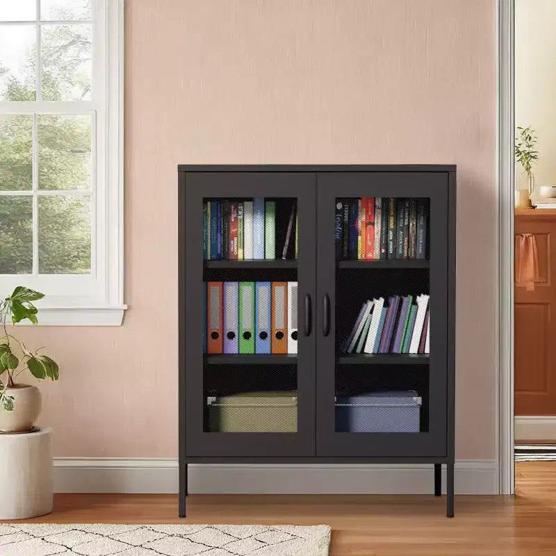 Okak Metal Display Cabinet, Sideboard Cabinet with 3 Shelves, Freestanding Storage Cabinet for Living Room, Hallway and Office