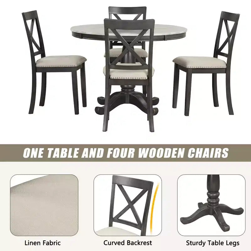 5-Piece Dining Set with Solid Wood Table and 4 Chairs, Gray
