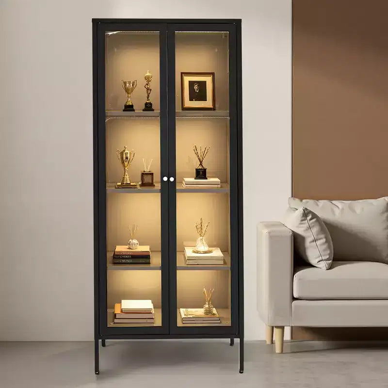 Display Cabinet with Glass Door, 66 in Tall 4-Tier Lighted Display Case with 3 Lights, Metal Storage Cabinet 3 Shelves, Black