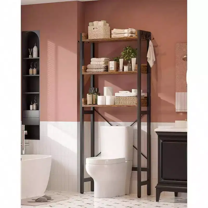Over - Toilet Storage Rack 3 - Tier Bathroom Organizer Shelf Freestanding Space Saver Rustic Brown with 4 Hooks