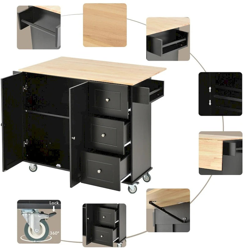 Rolling Kitchen Island with Drop Leaf Breakfast Bar Solid Wood Top 3 Drawers and Spice Rack