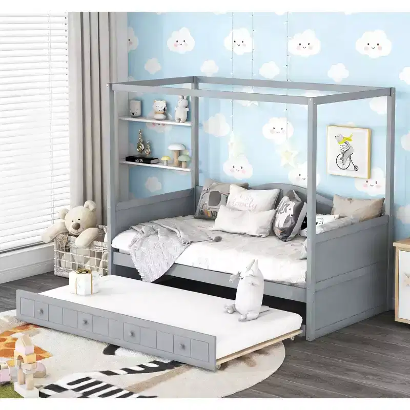 Bellemave Twin Size Canopy Daybed with Trundle, Space-Saving Wooden Bed Frame for Bedroom.