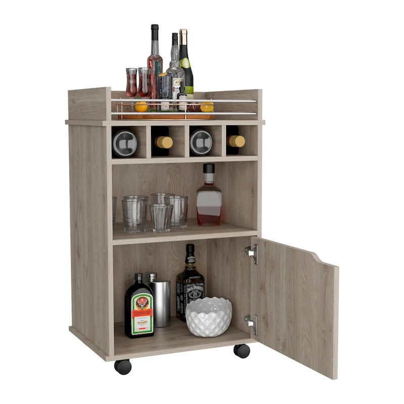 Beige Rolling Bar Cart with Open Shelves Wine Cubbies and Cabinet