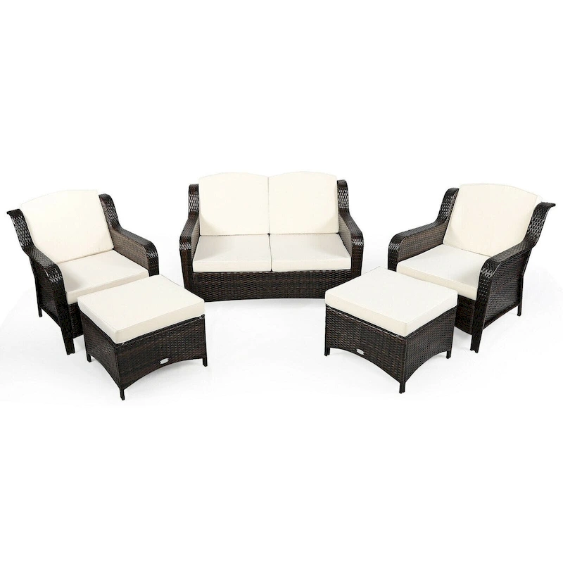 5 Pieces Patio Rattan Sofa Set with Cushion and Ottoman - 51 x 33.5 x 33 (L x W x H)