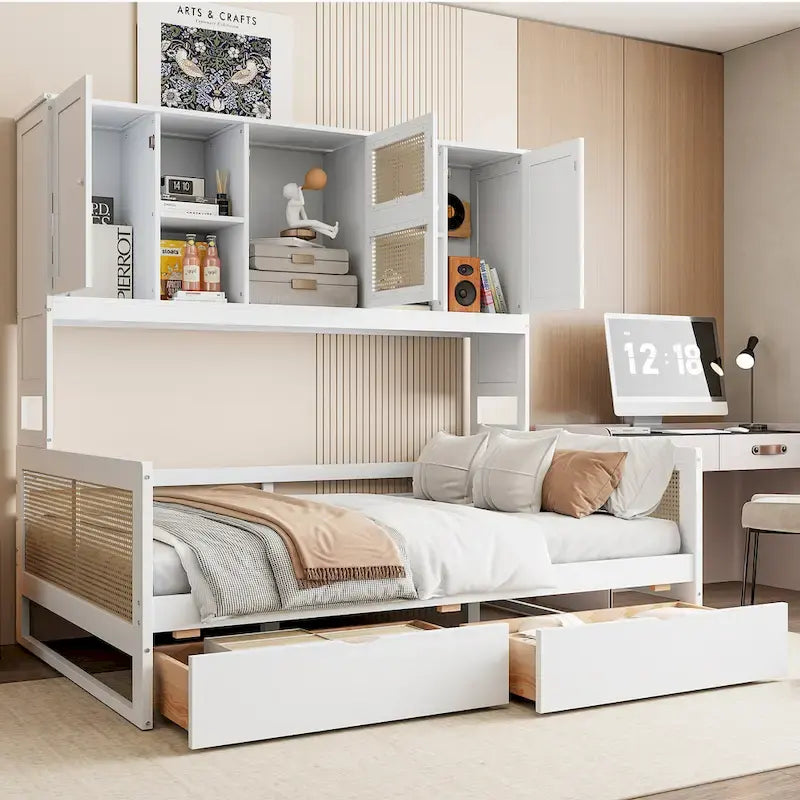 Full Size Wood Daybed with Storage Drawers, Shelf and Cabinet