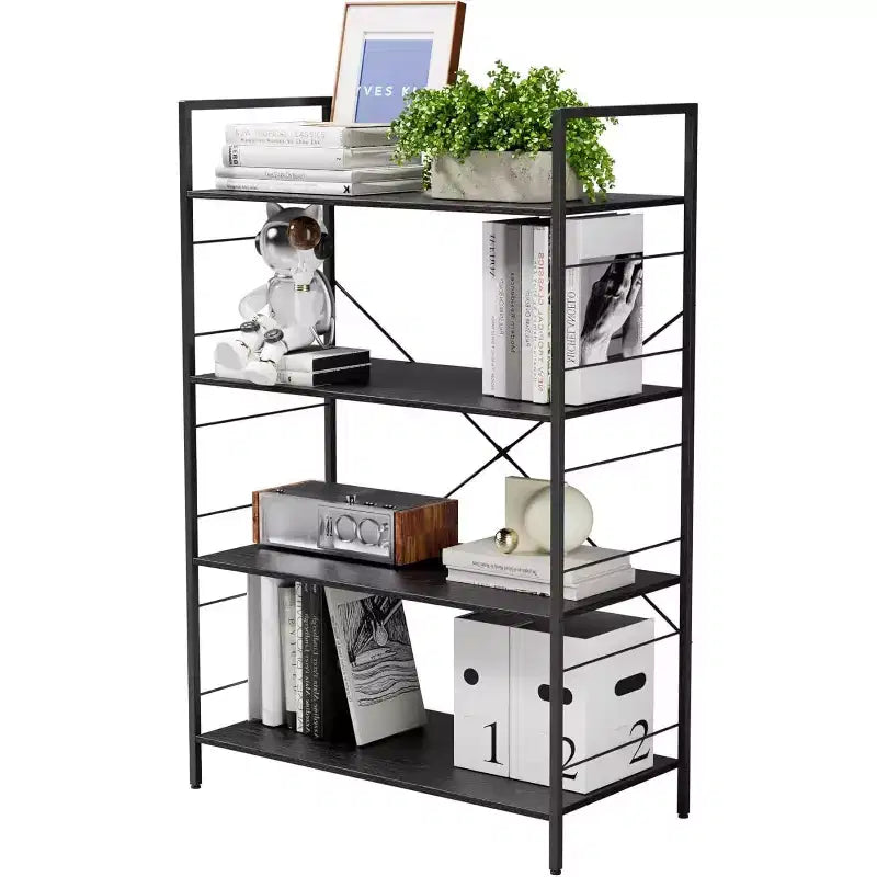 4 Tier Industrial Bookshelf, Brown Storage Shelf with Steel Frame, X Bars, for Living Room Bedroom Office, 30 x 14 x 45 Inch