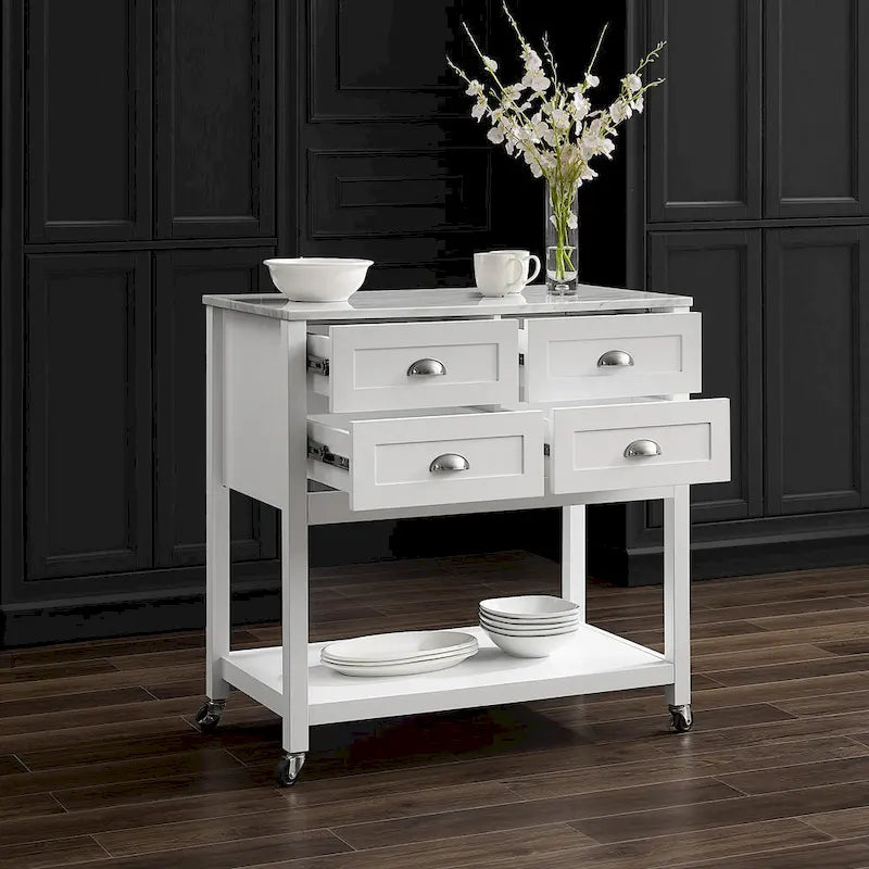 Modern Farmhouse Kitchen Island Cart with 4 Drawers Faux Marble Top and Casters