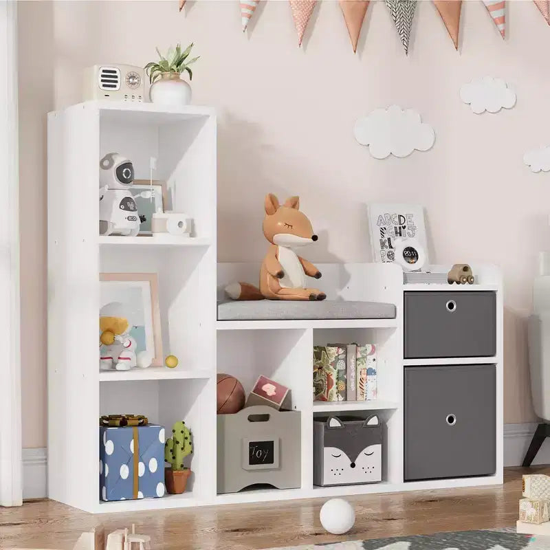 COZONY 44 Kids Bookshelf with Reading Nook, Dollhouse Bookcase with Cushion, 6 Cubby Storage and 2 Drawers