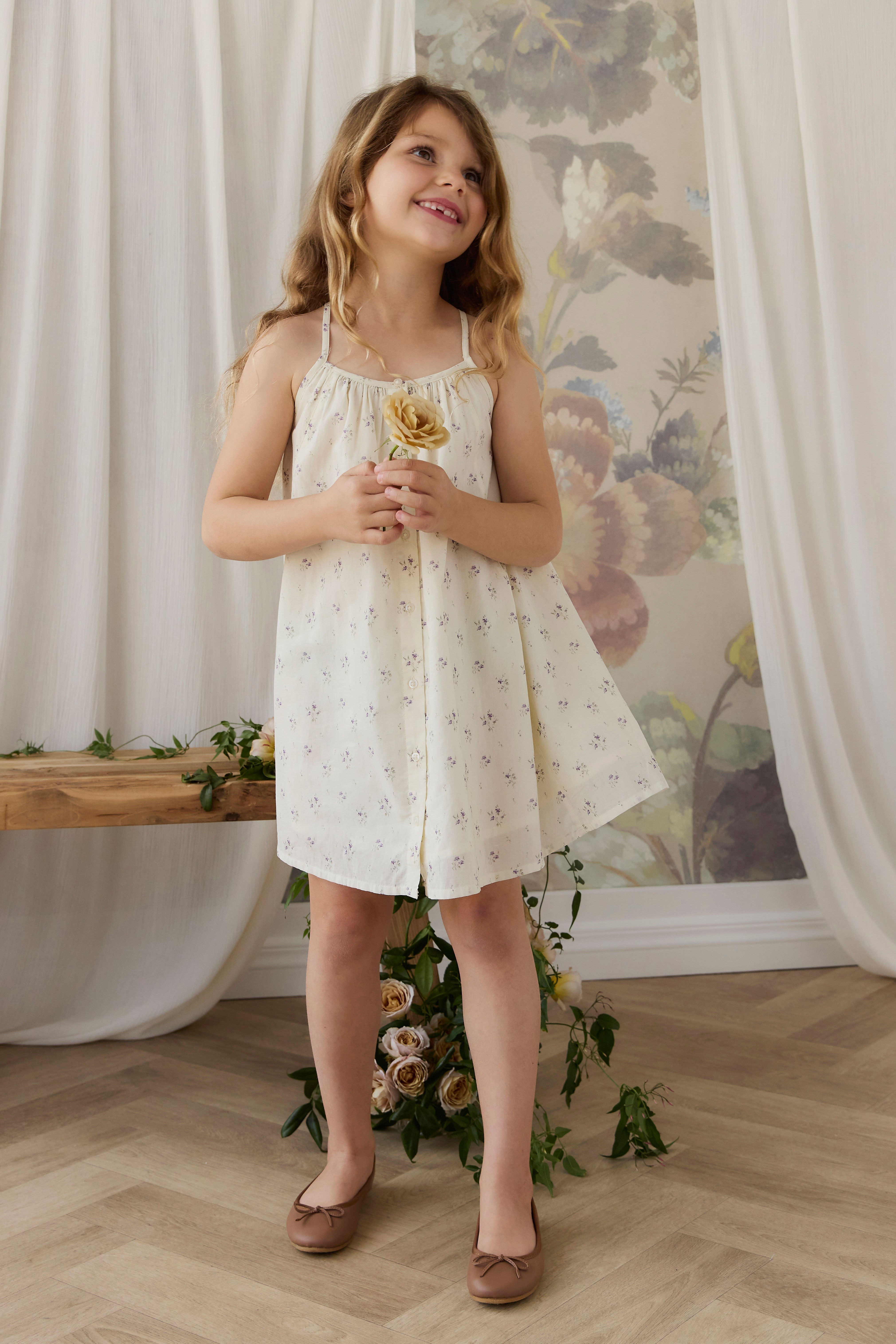 Garden Cream Jade & Lavender Floral Print Organic Cotton Dress with Fine Straps & Gathered Skirt for Girls Summer Outings (6M�C10Y)