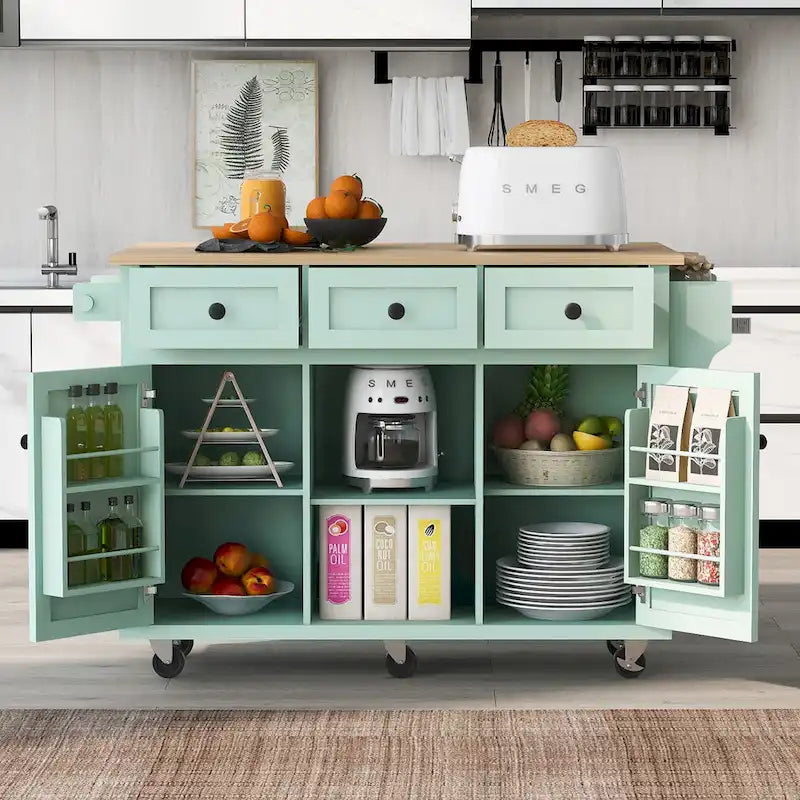White Rolling Kitchen Island Cart with 5 Wheels Drop Leaf Rubberwood Top 3 Drawers and Spice Rack