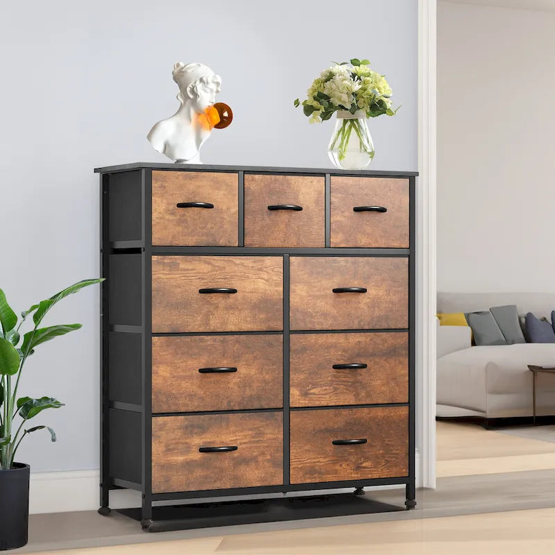Rustic Wood-grain Bedroom Dresser with Metal Frame, Wooden Top