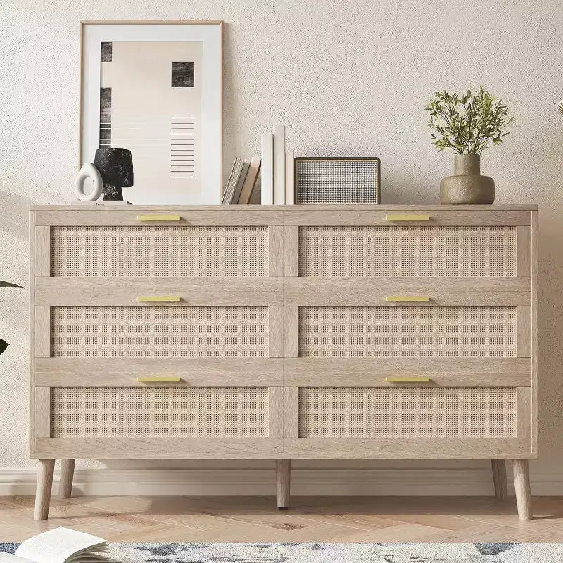 47 Rattan 6-Drawer Dresser - Mid Century Modern Storage Chest for Bedroom & Living Room