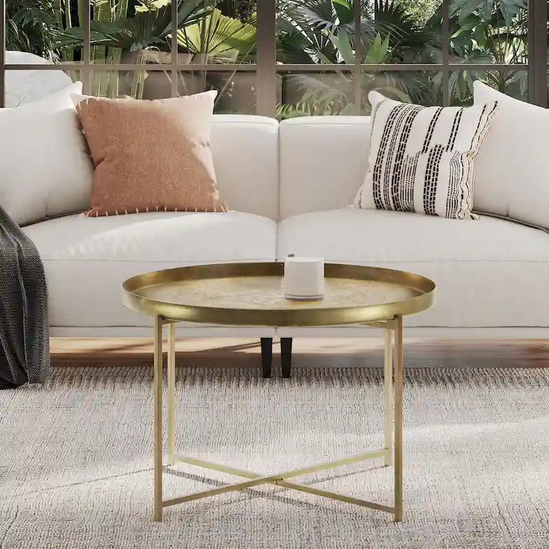 Antique Brass Etched Floral Tray-Top Accent Table